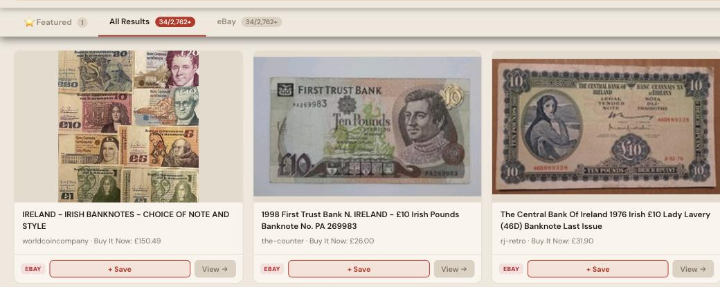Auction Bid Assistant search results for 'Irish banknote' showing genuine Lady Lavery and Central Bank of Ireland notes
