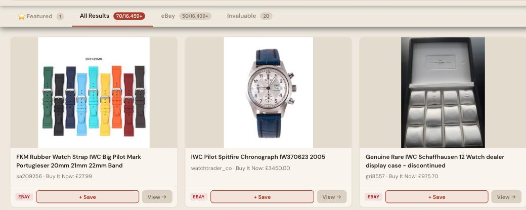 Auction Bid Assistant search results for 'IWC watch' showing a genuine IWC Pilot Spitfire chronograph and IWC Schaffhausen dealer display material