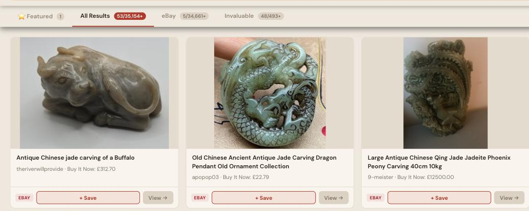 Auction Bid Assistant search results for 'jade carving antique' showing genuine antique Chinese jade carvings including a Qing jadeite phoenix peony carving