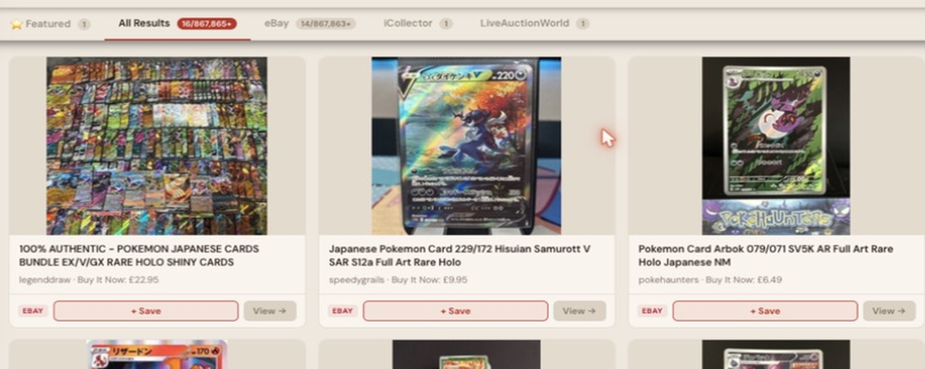 Auction Bid Assistant search results for 'Japanese pokemon card holo' showing a genuine Hisuian Samurott V SAR full art rare holo card