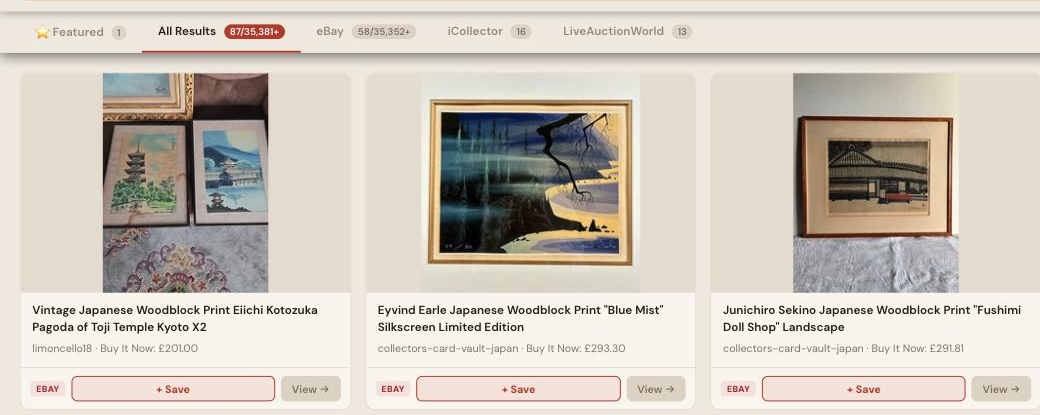 Auction Bid Assistant search results for 'Japanese woodblock print' showing genuine ukiyo-e and shin-hanga prints including Kyoto and cherry blossom landscape scenes