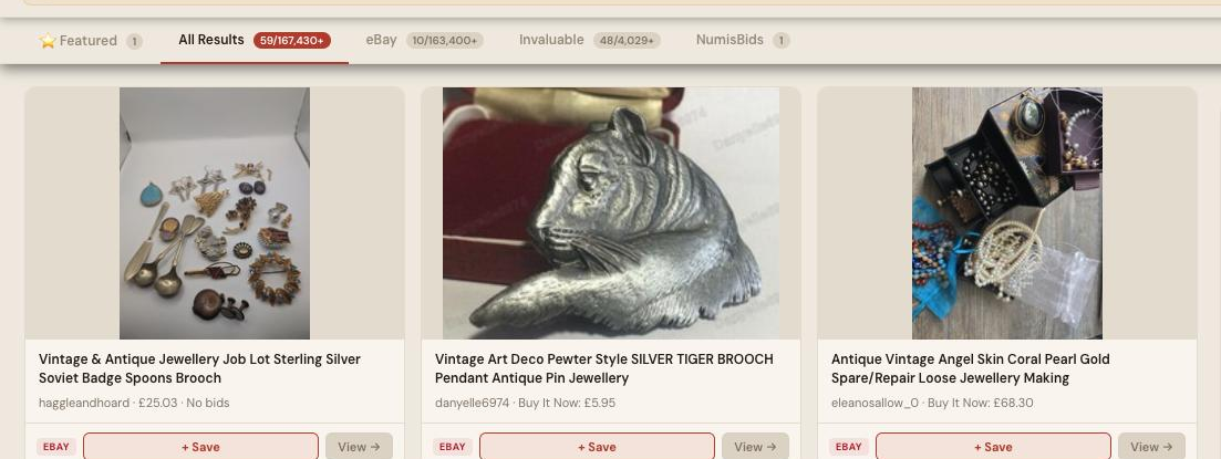Auction Bid Assistant search results for 'antique jewellery' showing 59 matching lots including job lots, brooches and gold pieces across the-saleroom, eBay and more