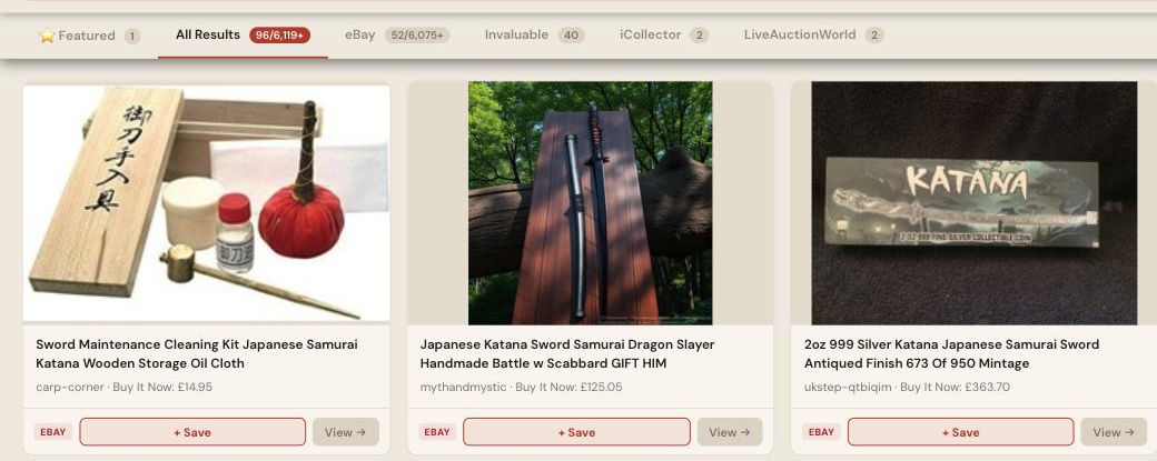 Auction Bid Assistant search results for 'Japanese katana sword' showing genuine katana swords, fittings and sword maintenance kits