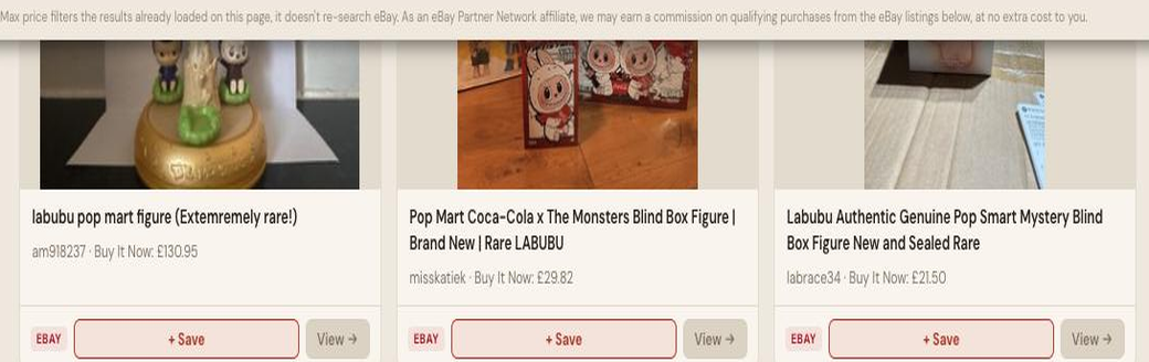 Auction Bid Assistant search results for 'Labubu figure rare' showing genuine Pop Mart Labubu figure listings including a Coca-Cola x The Monsters blind box and a Pop Smart mystery blind box