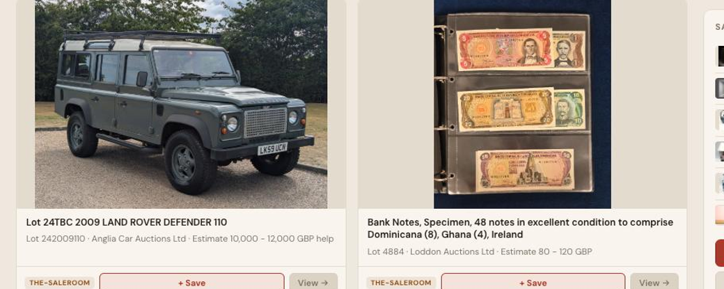 Auction Bid Assistant search results for 'Land Rover Defender classic' showing a genuine 2009 Land Rover Defender 110 from a UK car auction house