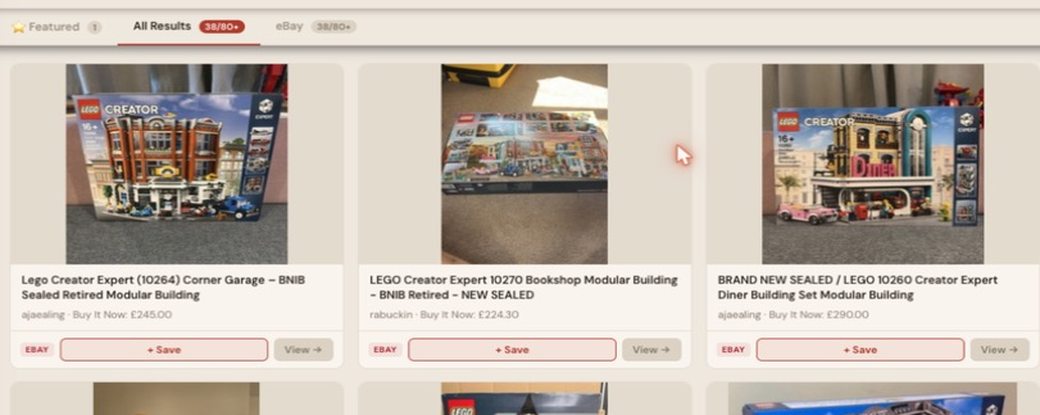 Auction Bid Assistant search results for 'LEGO Creator Expert Modular Building sealed' showing a genuine LEGO Creator Expert 10264 Corner Garage BNIB sealed retired modular building
