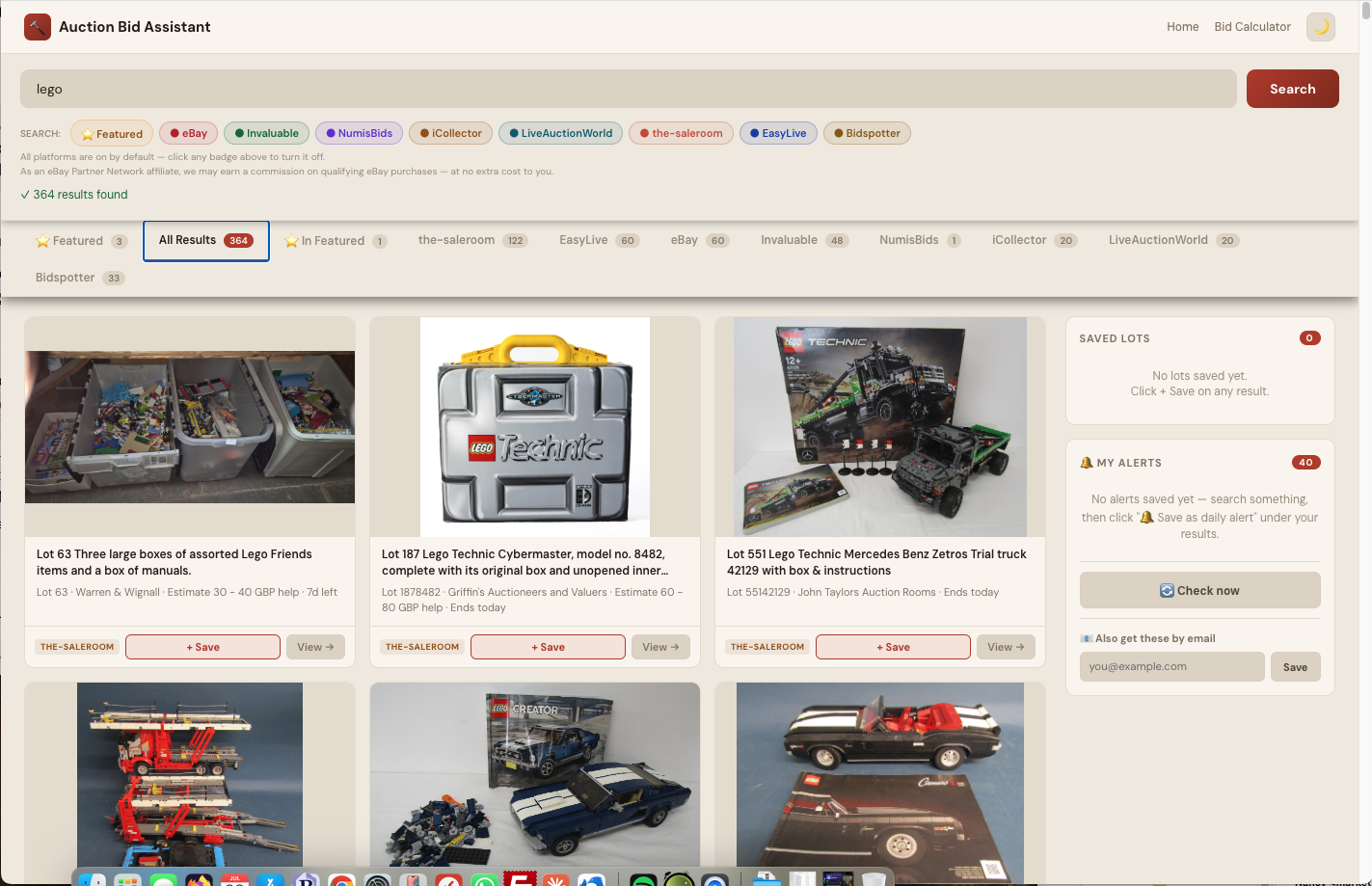 Auction Bid Assistant search results for 'lego' showing 364 matching lots across the-saleroom, EasyLive, eBay, Invaluable and more