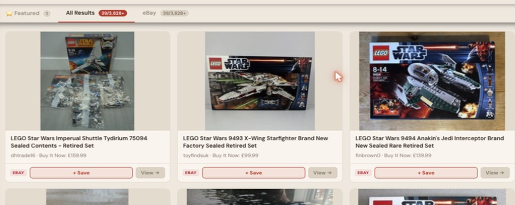 Auction Bid Assistant search results for 'sealed LEGO Star Wars set retired' showing a genuine LEGO 9493 X-Wing Starfighter brand new factory sealed retired set