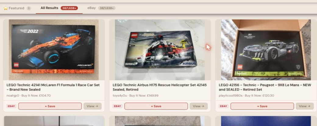Auction Bid Assistant search results for 'LEGO Technic sealed set' showing a genuine LEGO Technic 42141 McLaren F1 Formula 1 Race Car brand new sealed set