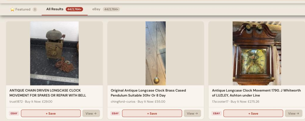 Auction Bid Assistant search results for 'longcase clock antique' showing genuine antique longcase clock movements and a full Edwardian mahogany grandfather clock