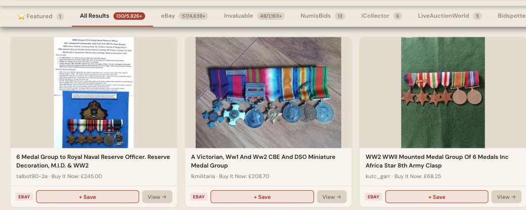 Auction Bid Assistant search results for 'medal group' showing genuine named WWI and WWII medal groups including gallantry awards