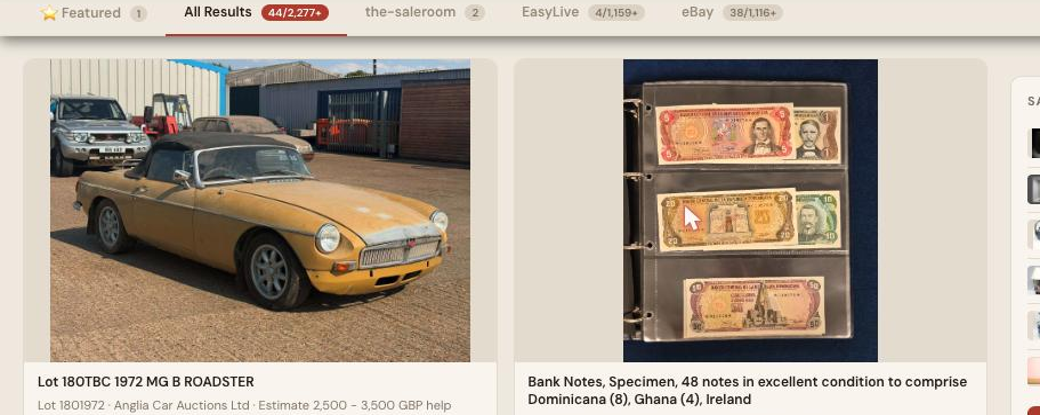 Auction Bid Assistant search results for 'MG classic sports car' showing a genuine 1972 MG B Roadster from a UK car auction house