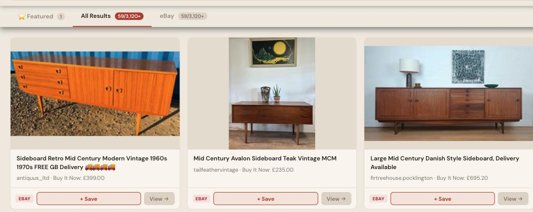 Auction Bid Assistant search results for 'mid century sideboard' showing genuine teak and Danish-style mid-century sideboards including G Plan pieces