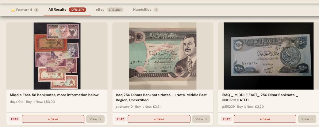 Auction Bid Assistant search results for 'Middle East banknote' showing genuine Iraqi dinar notes and Middle East banknote reference catalogues