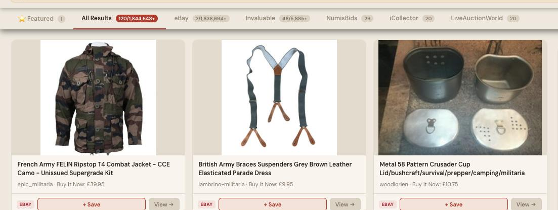 Auction Bid Assistant search results for 'militaria' showing 120 matching lots including army uniforms, field equipment and militaria across the-saleroom, eBay and more