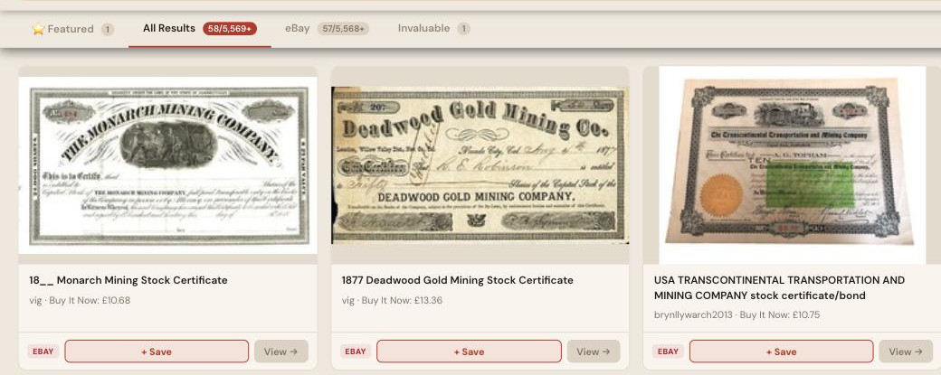 Auction Bid Assistant search results for 'mining stock certificate' showing genuine 1870s to 1900s gold mining company certificates