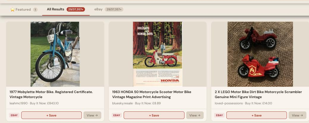 Auction Bid Assistant search results for 'vintage motorbike' showing a 1977 Mobylette motorbike and other genuine listings