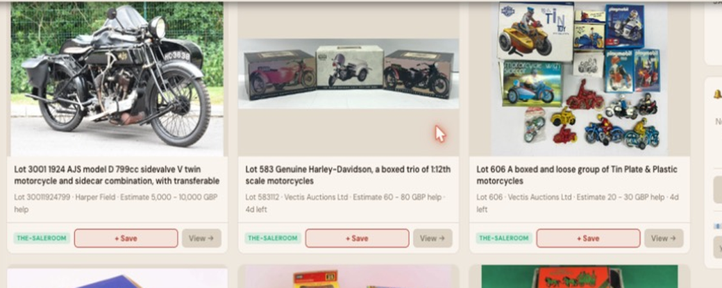 Auction Bid Assistant search results for 'motorcycle sidecar' showing a genuine 1924 AJS model D 799cc motorcycle and sidecar combination