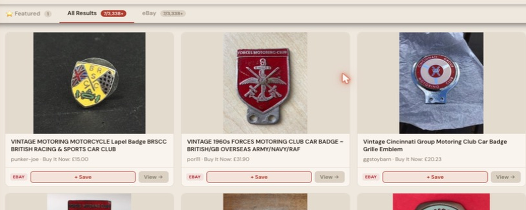 Auction Bid Assistant search results for 'vintage motoring car club badge' showing a genuine BRSCC British Racing and Sports Car Club enamel lapel badge