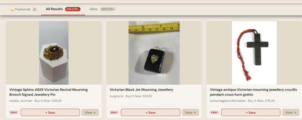 Auction Bid Assistant search results for 'Victorian mourning jewellery' showing genuine jet brooches, mourning crucifix pendants and vulcanite chains