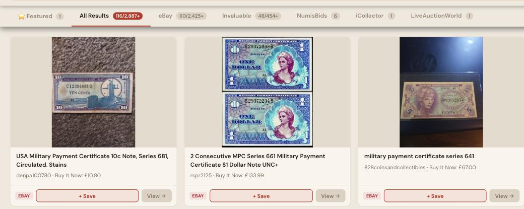 Auction Bid Assistant search results for 'military payment certificate' showing genuine MPC Series 661, 641 and 521 notes