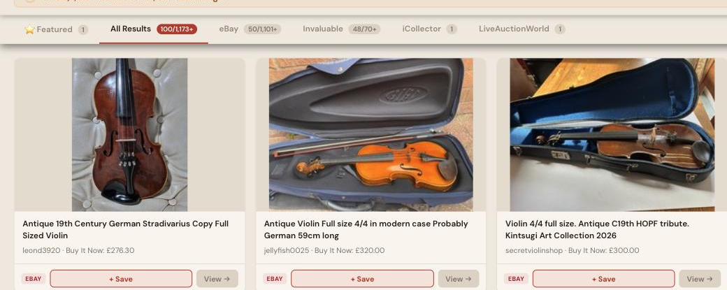 Auction Bid Assistant search results for 'antique violin' showing 100 matching lots across the-saleroom, eBay and more