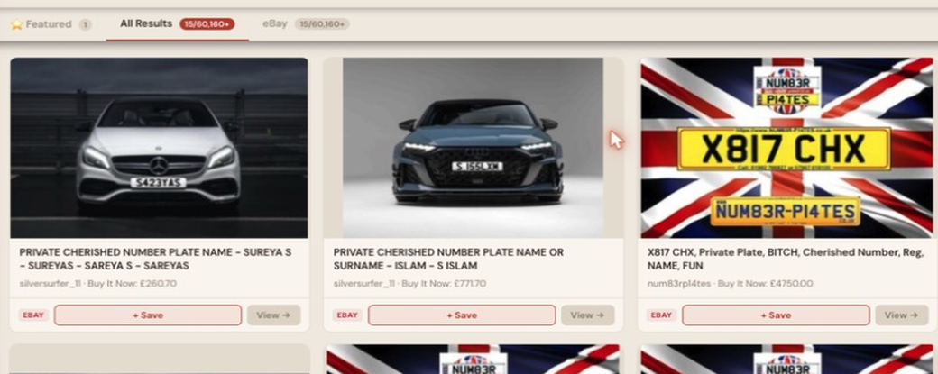 Auction Bid Assistant search results for 'private cherished number plate name' showing a genuine plate reading S423YAS matching the name Sureya