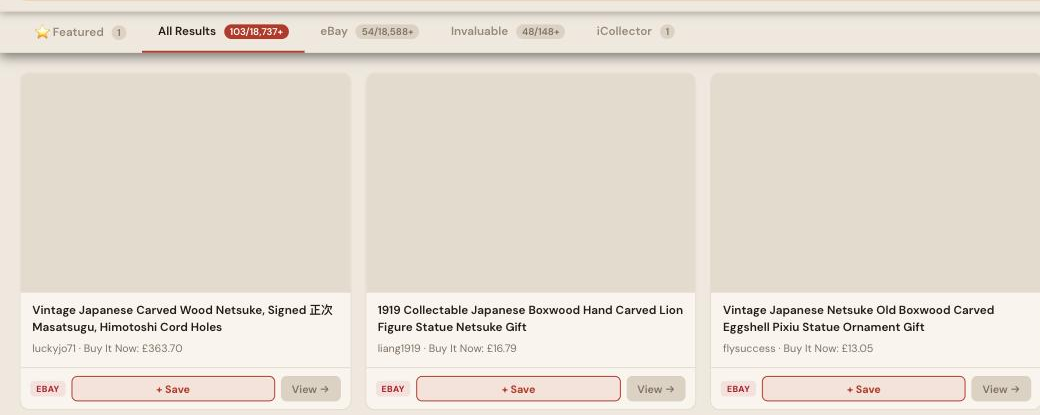 Auction Bid Assistant search results for 'netsuke' showing genuine antique Japanese carved boxwood netsuke including signed pieces