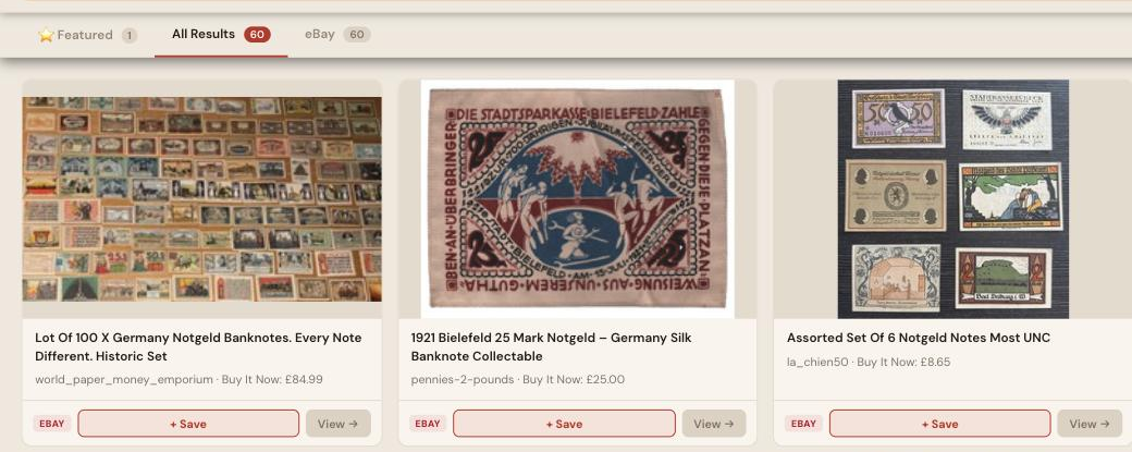 Auction Bid Assistant search results for 'Notgeld' showing genuine German emergency money including silk banknotes and hyperinflation notes