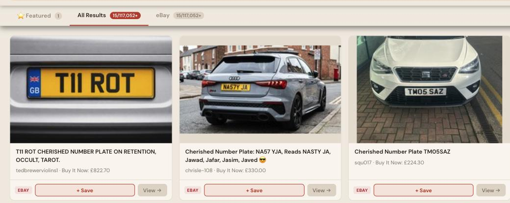Auction Bid Assistant search results for 'cherished number plate' showing genuine registration plate listings
