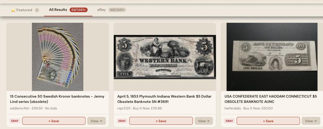Auction Bid Assistant search results for 'obsolete banknote' showing a withdrawn Swedish Kronor series alongside 19th century American obsolete banknotes