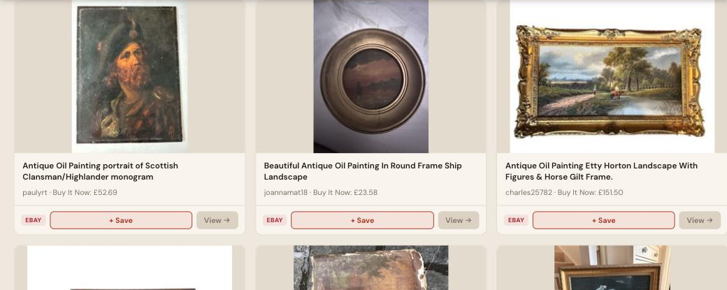 Auction Bid Assistant search results for 'antique oil painting' showing genuine portrait, landscape and gilt frame oil paintings