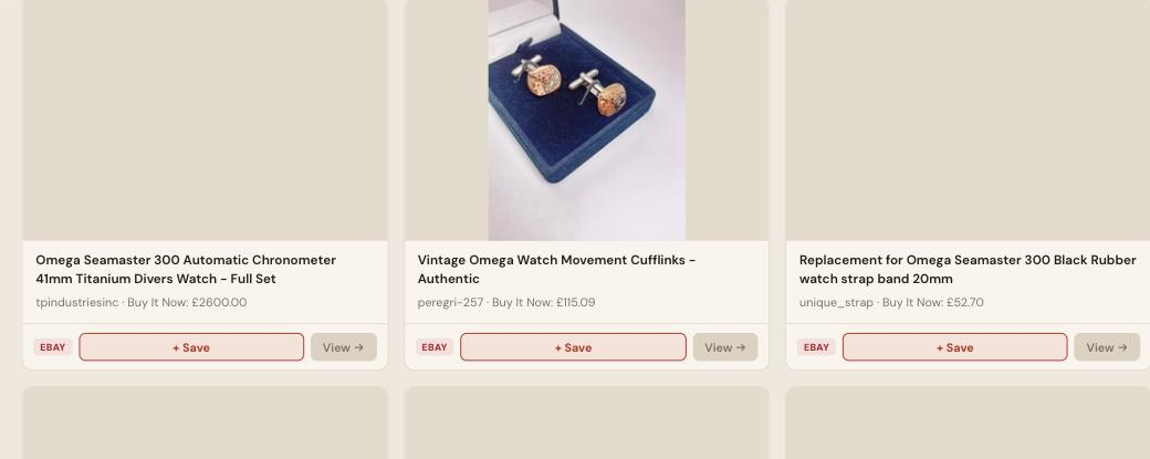 Auction Bid Assistant search results for 'Omega watch' showing a genuine Omega Seamaster 300 and Omega watch accessories