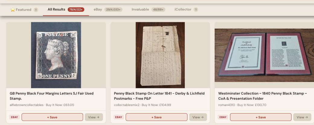 Auction Bid Assistant search results for 'penny black stamp' showing genuine four margin Penny Black stamps and Victorian classic GB stamps with certificates