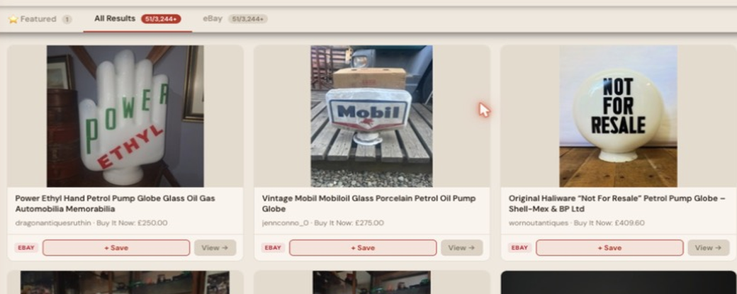Auction Bid Assistant search results for 'petrol pump globe' showing a genuine Power Ethyl hand-shaped petrol pump globe