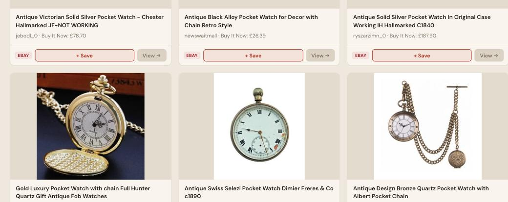 Auction Bid Assistant search results for 'antique pocket watch' showing genuine gold luxury, Swiss Selezi and bronze quartz pocket watches with chains