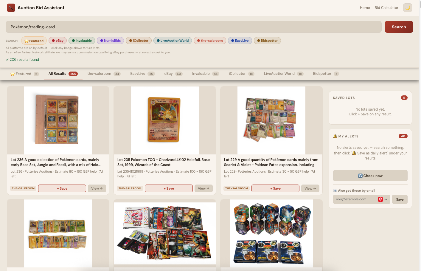 Auction Bid Assistant search results for 'Pokemon/trading-card' showing 206 matching lots including graded cards, Charizard and sealed booster boxes across the-saleroom, eBay and more