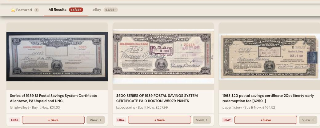 Auction Bid Assistant search results for 'postal savings certificate' showing genuine Series of 1939 US Postal Savings System certificates of deposit