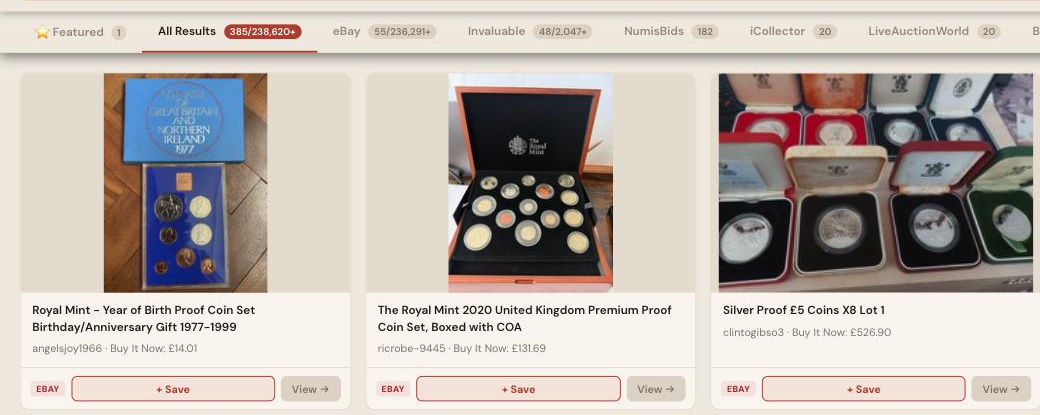Auction Bid Assistant search results for 'proof coin' showing genuine Royal Mint proof coin sets and silver proof five pound coins