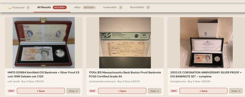 Auction Bid Assistant search results for 'proof note' showing a PCGS-certified 1700s Massachusetts proof banknote alongside modern proof banknote and coin presentation sets