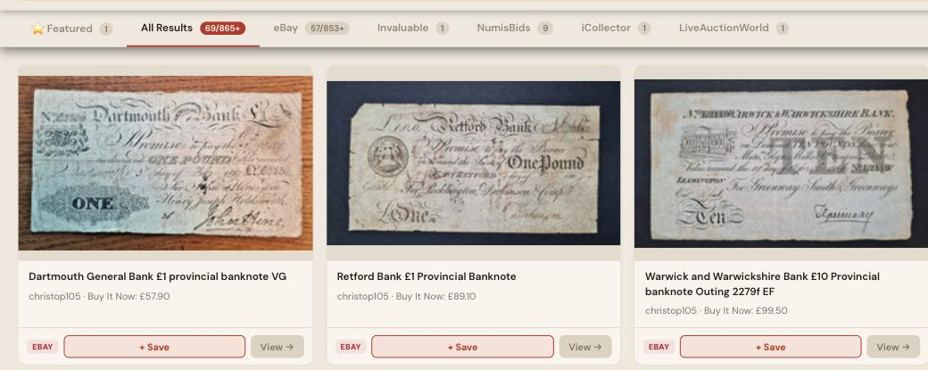 Auction Bid Assistant search results for 'provincial banknote' showing genuine 18th and 19th century country bank notes from Dartmouth, Retford and Warwick