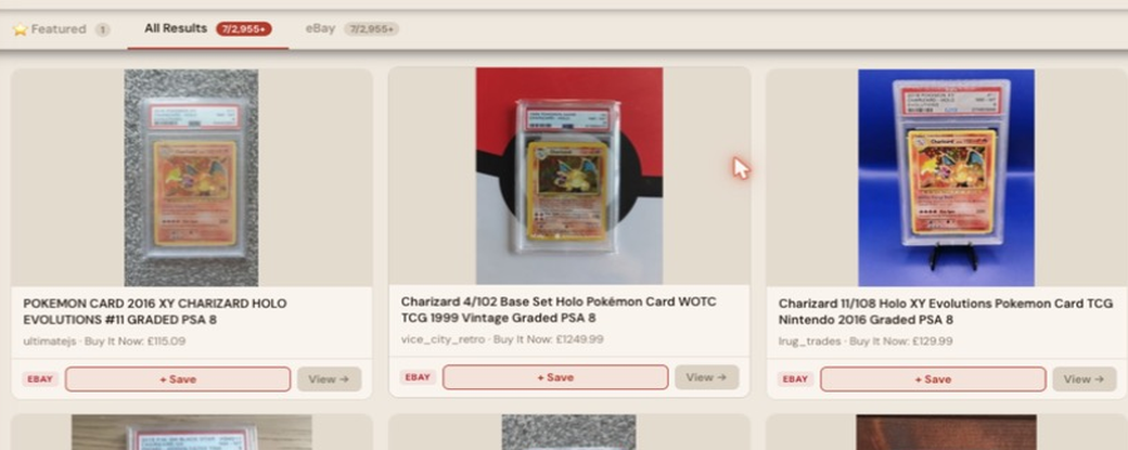 Auction Bid Assistant search results for 'Charizard PSA 8 graded holo' showing genuine graded Charizard cards from 2016 XY Evolutions, 1999 base set WOTC and 2016 XY Evolutions