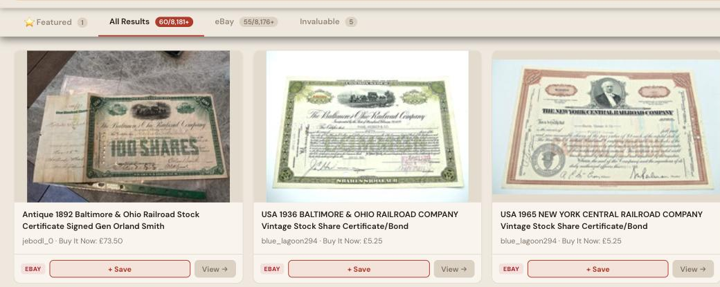 Auction Bid Assistant search results for 'railroad stock certificate' showing genuine Baltimore and Ohio and New York Central Railroad certificates