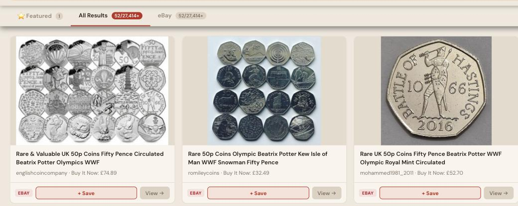 Auction Bid Assistant search results for 'rare 50p coin' showing genuine Beatrix Potter, Olympic and Battle of Hastings fifty pence coins