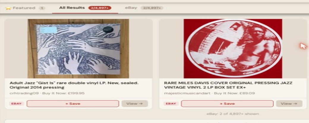 Auction Bid Assistant search results for 'rare jazz vinyl LP original pressing' showing a genuine rare Miles Davis cover original pressing jazz vintage vinyl 2 LP box set
