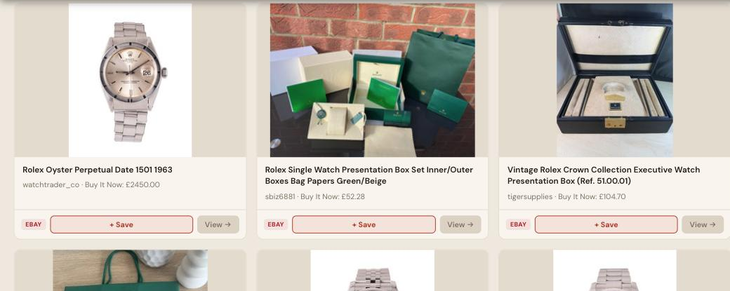 Auction Bid Assistant search results for 'Rolex watch' showing genuine Rolex Oyster Perpetual, Datejust watches and presentation boxes