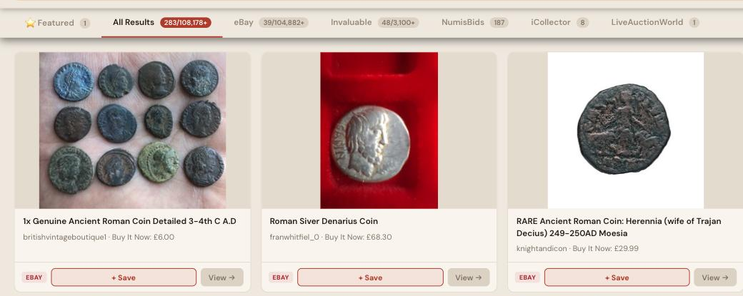 Auction Bid Assistant search results for 'Roman coin' showing genuine ancient Roman coins including a rare Herennia denarius