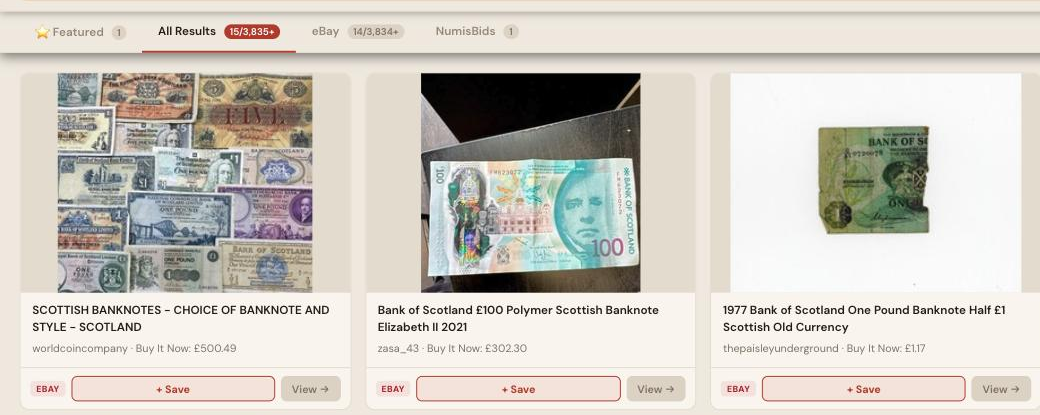 Auction Bid Assistant search results for 'Scottish banknote' showing genuine Bank of Scotland polymer and paper notes