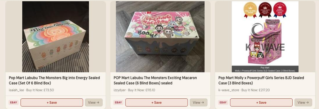 Auction Bid Assistant search results for 'sealed blind box case Pop Mart' showing genuine sealed case listings including a Labubu Big into Energy sealed case and a Molly x Powerpuff Girls sealed case