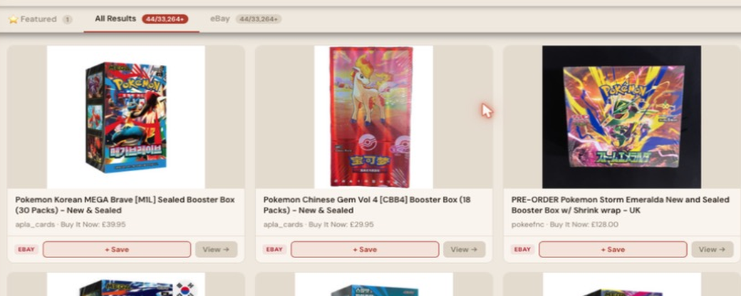 Auction Bid Assistant search results for 'sealed pokemon booster box' showing a genuine Korean MEGA Brave sealed booster box (30 packs)